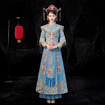 Flori Nobil Albastru Petrecere de Seara Rochie Vestidos de Epocă Toast Qipao 4XL Tradițională Chineză Femei Cheongsam Mireasa Rochie de Mireasa