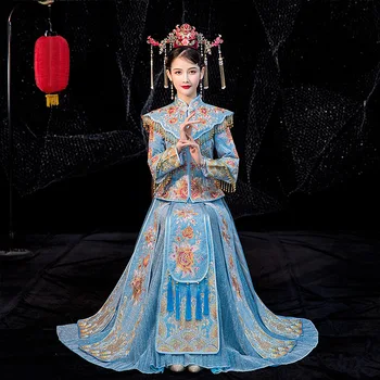 Flori Nobil Albastru Petrecere de Seara Rochie Vestidos de Epocă Toast Qipao 4XL Tradițională Chineză Femei Cheongsam Mireasa Rochie de Mireasa