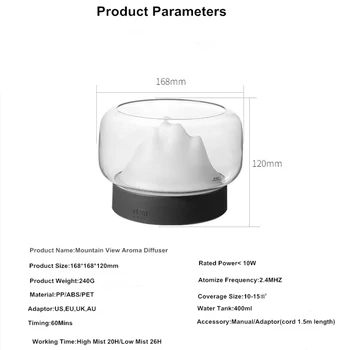 Aroma Difuzor 400ML Moutain View Ulei Esential pentru Aromaterapie Difusor Cu Cald și Culoare Lampă cu LED-uri Humidificador