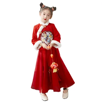 Toamna Și Iarna Fete Hanfu Îngroșat Cald de Anul Nou de Îmbrăcăminte Chineză Broderie de Performanță Costum Petrecere Rochie