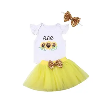 0-18M Nou-născut Fetița Îmbrăcăminte Set de Floarea-soarelui Salopetă + Tul fusta de Balet de Fuste + Paiete, Bentita Ziua Costume pentru Copii
