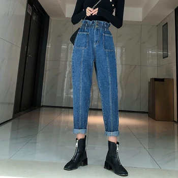 Talie Elastic Drept Jeans Femei Blugi Talie Mare Plus Dimensiune Epocă Pierde Iubitul Largi Picior Pantaloni Din Denim Blugi 2020