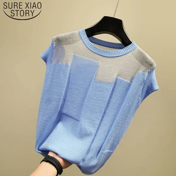2021 Moda Noua Bluză Subțire Coreean Mozaic Matase De Gheață Topuri Tricotate De Vara Cu Maneci Scurte Tricou Femei Blusas Mujer De Moda 8796 50