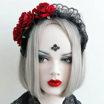 Gotic epocă trandafir roșu negru dantelă benzi femei dulce larg cerc păr lolita fete de păr bijuterii de nunta petrecere, articole pentru acoperirea capului diademe