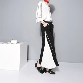 Japoneze Pantaloni Largi Picior Femei Șifon Vara Pantaloni de Culoare Bloc Mozaic Partea Cutat Plus Size 2XL Pantaloni Casual cu Buzunare
