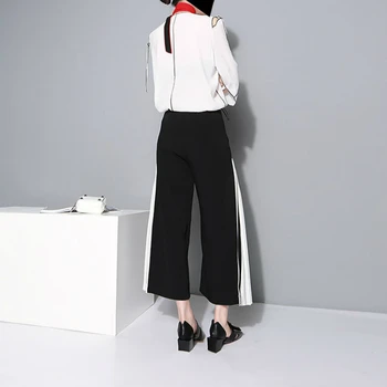 Japoneze Pantaloni Largi Picior Femei Șifon Vara Pantaloni de Culoare Bloc Mozaic Partea Cutat Plus Size 2XL Pantaloni Casual cu Buzunare