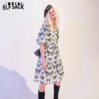 ELFSACK Fluture Alb Print Casual, O Linie Mulgătoare Rochii Femei 2020 Toamna Felinar Vintage Maneca coreean Doamnelor Rochie de zi cu Zi