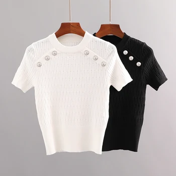 Brand de Moda pentru Femei de Lux High-end de Vară Cataramă de Metal Gol Subțire Tricot cu mânecă Scurtă T-shirt, Tricouri Top