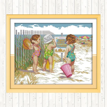 Copii Joaca În Plaja de BRICOLAJ, lucru Manual Meserii 14CT 11CT Numărat și Ștampilată cruciulițe Kituri DMC Fir de Bumbac Imprimate Panza