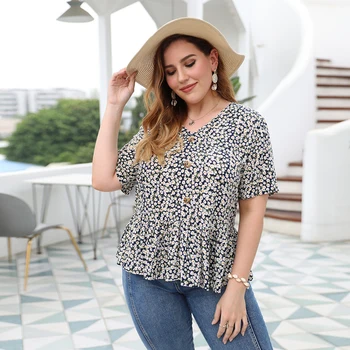 Plus Dimensiune Bluza pentru Femei din Bumbac Casual Butoanele Imprimate Ciufulit Scurt, cu mâneci lungi V-neck Slim Elegant Bluza Top Tricou de Vară 2020 Nou