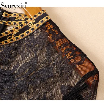 Svoryxiu Transparente Sexy Negru Dantelă Mozaic în Formă de Inimă Rochie de Imprimare Femei Designer de Moda Toamna Partid Rochie Midi