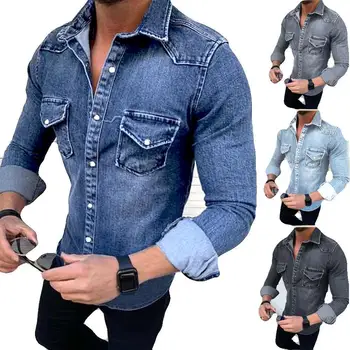 Barbati Nou, Retro, Simplu, cu Maneci Lungi Denim Shirt pentru Bărbați de Mari Dimensiuni Tricou Dublu Buzunar Cămașă din Denim
