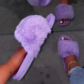 Femei pentru Femei de Moda Casual, de Cristal, cu Blană Moale Papuci de Interior Acasă Pantofi Femei Casual de Vara Plat Papuci de Plaja 2021