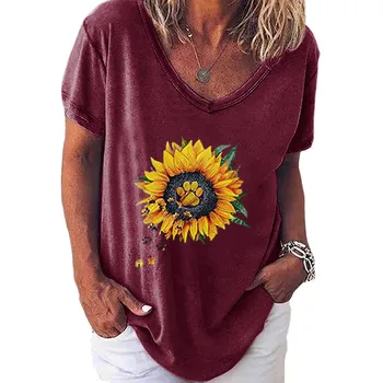 T-shirt Femei de Floarea-soarelui Scrisori de imprimare de Vară casual Scurt maneca V gat vrac blusa topuri Doamna de bază pulover mujer camisetas
