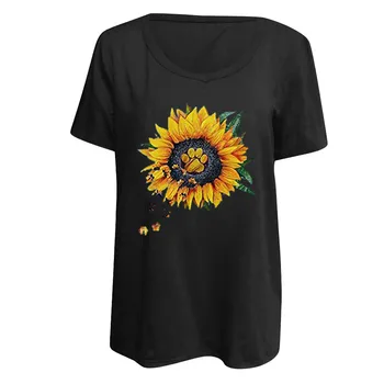 T-shirt Femei de Floarea-soarelui Scrisori de imprimare de Vară casual Scurt maneca V gat vrac blusa topuri Doamna de bază pulover mujer camisetas