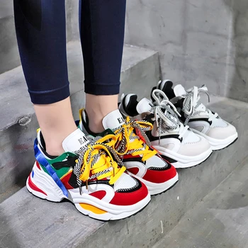 Moda 2019 Harajuku Femei Pantofi Casual Dantela-Up Piele Tata Indesata Adidași Tv Cu Talpă Groasă Tenis Pană Alb Coș De Mers Pe Jos