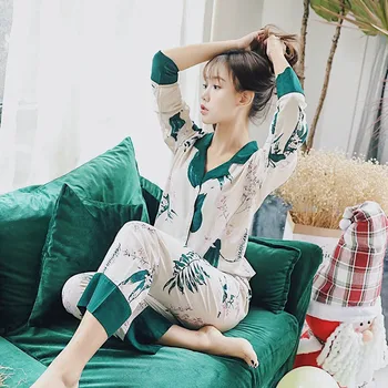 Primăvară Nouă Subțire Din Satin De Bumbac Pijama Set Lily Tipărite Complet Maneca Doamnelor Moale Pijamale Femei Stil Proaspat Homewear Casual Uzura