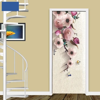 3D Stereo HD Pictate manual Flori Roz Ușa Autocolant, Tapet Living, Dormitor cu Usa de Perete Sticker Mural Decalcomanii pentru Decor Acasă