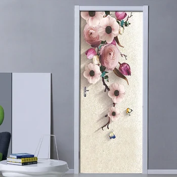 3D Stereo HD Pictate manual Flori Roz Ușa Autocolant, Tapet Living, Dormitor cu Usa de Perete Sticker Mural Decalcomanii pentru Decor Acasă