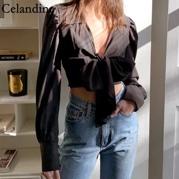 Rostopasca Alb Negru Adânc Sexy V-Neck Bluza Femei Toamna Anului 2020 Lungă Puff Maneca Topuri Culturilor De Moda Elegant Ruched Arc Tricou
