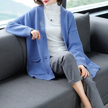 2020 Toamna Iarna Femei Pulover Cardigan Supradimensionat V neck Knit Cardigan Fete Uza coreean Topuri Chic Suete Mantou pentru Femei