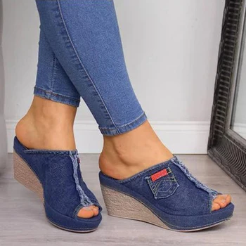 Vara Doamnelor Pantofi Cu Tocuri Elegante Femei Albastru Cowboy Confortabil Open-Toe Pantofi Pene Platforma Sandale Papuci De Casă