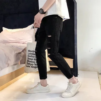 Pantaloni Barbati Găuri Solid de Culoare All-meci Slim cu Fermoar Denim Stil coreean de Agrement Pantaloni Barbati la Modă Harajuku Zilnic Pantaloni Chic