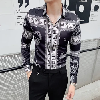 Vintage Dragon Imprimare Tricou 2019 Brand De Moda Pentru Bărbați De Club Haine De Toamna Cu Maneca Lunga Slim Smoching Fustă Barbati Casual Dress Shirt
