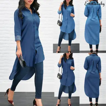 Femei Camasa din Denim Topuri cu Maneci Lungi Casual Cardigan Tunica pentru Femei Vintage Buton Jos Camasa din Denim cu Maneca Lunga Albastru Jean Tricouri