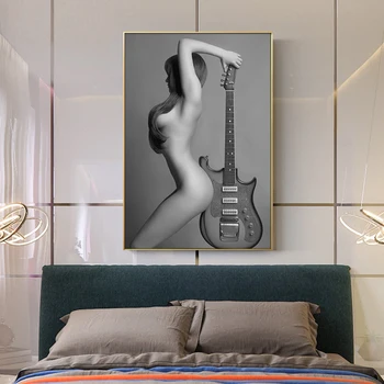 Modern Nud Art Postere si Printuri de Arta de Perete Panza Pictura Sexy Fată goală, cu Chitara Imaginile pentru Camera de zi Decor Acasă