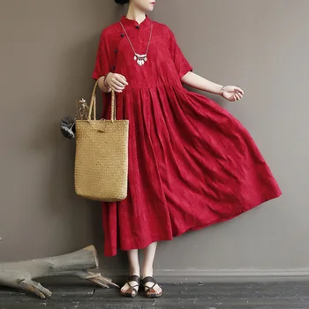 Popular stil de rochie de Femei îmbunătățirea slant rever catarama taie floare de bumbac, cânepă rochie ultra-largi de dimensiuni mari
