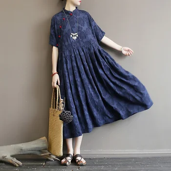 Popular stil de rochie de Femei îmbunătățirea slant rever catarama taie floare de bumbac, cânepă rochie ultra-largi de dimensiuni mari