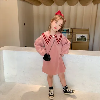 Stil Preppy Fete, Modă De Culoare Solidă Pantaloni De Catifea Cord Rochii 2020 Nouă Copii Rever Guler Haine Copii Rochie Casual Cu Maneci Lungi