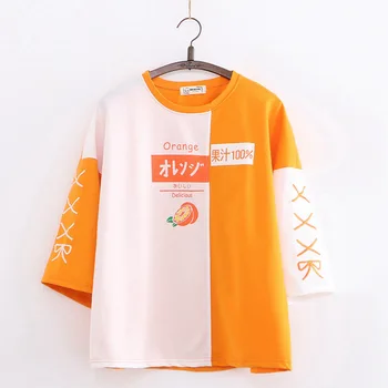 XUANHAO Japonia Stil Dulce Contrast de Culoare Portocaliu Imprima O-gat Maneci Scurte Femei T shirt femei Casual pierde Mozaic Topuri Tricouri