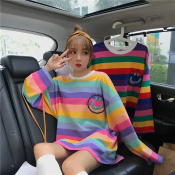 Personalitate de Vară Zâmbet Stil coreean Liber Curcubeu cu Dungi LongSleeve tricou Lung Topuri Tricou tricouri femei Haine