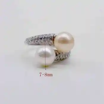 Dublu pearl inel. Runda perle de apă dulce. Argint 925. Reglabil. Zircon femei perla inel. inel de logodna