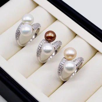 Dublu pearl inel. Runda perle de apă dulce. Argint 925. Reglabil. Zircon femei perla inel. inel de logodna