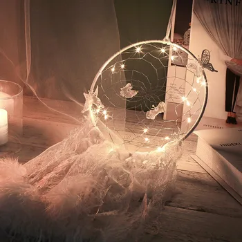 Romanul Dream Catcher LED Stele Șir de Lumini DIY Clopoteii de Vant cu Pene Agățat de Perete Decor DreamCatcher Fata de Camera de Decorare