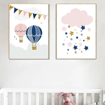 Balon Cu Aer Cald Babi Nordic Poster Pictura Pe Perete Poze Cu Fetita Picturi Murale Pentru Dormitoare Pepinieră Nor Roz Poster De Perete