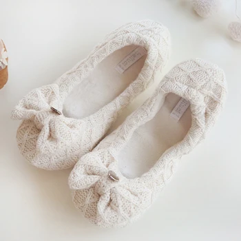 Simplu tricot moale, cald, de origine unic papuci femei gravide drăguț bowknot alunecare pe pantofi femei Japoneze interior papuci de femei pantofi