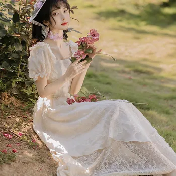 Franceză retro fata palatului stil dantela brodate rochie de vara pentru femeie temperament pătrat guler bubble zână rochie de maneca