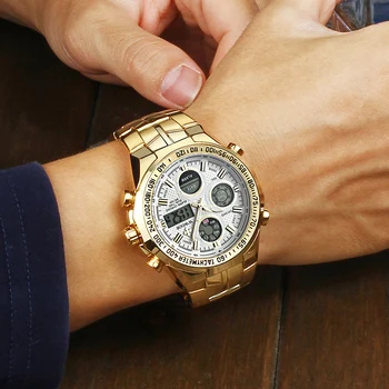 Montre homme WWOOR Mens de Lux Dual Display Ceas de Aur pentru Bărbați Impermeabil Sport Cronograf de Aur Plin de Oțel Cuarț Data Uita-2020