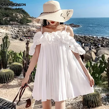 Qiukichonson Drăguț Zburli de Pe Umăr Rochie de Plaja Femei de Vara Boem Stil Doamnelor Plisata Scurt Alb Șifon Rochii jurken
