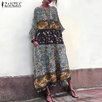 ZANZEA Toamna Vintage Florale Imprimate Sundress Femei Lenjerie de pat din Bumbac Rochie Casual cu Maneca 3/4 Roba Vestido Caftan Rochii Tunica Femme