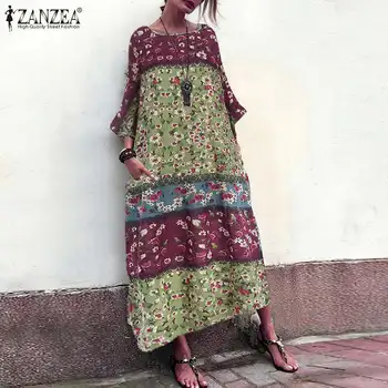 ZANZEA Toamna Vintage Florale Imprimate Sundress Femei Lenjerie de pat din Bumbac Rochie Casual cu Maneca 3/4 Roba Vestido Caftan Rochii Tunica Femme