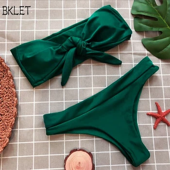 Sexy Strapless Tankini De Push-Up Pentru Femei Halter Costume De Baie Solid Verde Bandaj Bikini Femei 2018 Costume De Baie Cu Talie Înaltă Tanga, Costume De Baie