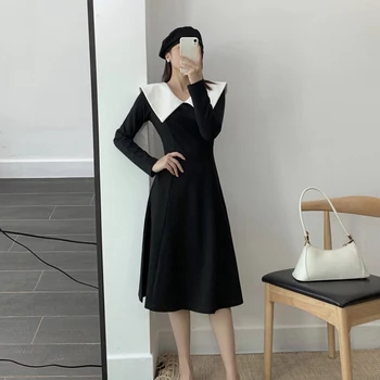 XITAO Patchwork Rochie Casual pentru Femei Vintage Valul Modei Un Nou Stil de Linie Rândul său, în Jos Guler Maneca Lunga Slim Rochie Eleganta ZY3640