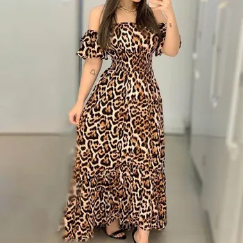 Femei Elegante De Pe Umăr Rochie Lunga 2020 Toamna Epocă Leopard De Imprimare Vrac Partid Rochie Casual Cu Maneci Scurte Rochie Maxi Vestido