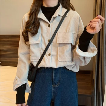 Pantaloni de catifea cord Shirt Doamnelor de Turn-down Guler Supradimensionat Buzunare Bluza Retro si Topuri Femeile 2021 Primăvară Stil coreean Tricou Femei Y2K