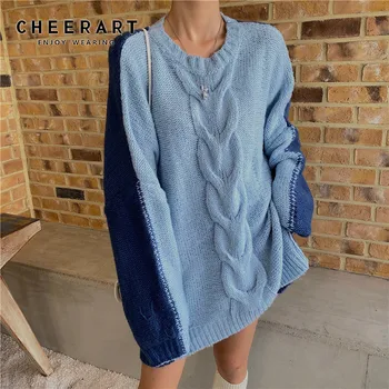 CHEERART Cablu Unită Pulover Pulover Femei, Albastru Pulover Supradimensionat Mozaic Liber 2019 Knit Top de Moda de Iarnă 2019